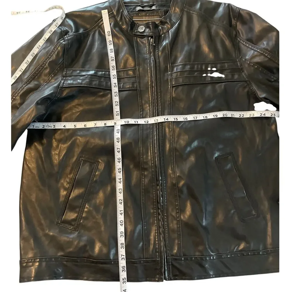 BKE Mens Vtg Quality Faux Leather DK Brown LS Moto Jacket Band Collar Zip XL